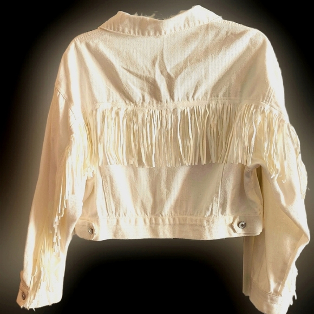 Fringe Cropped White Denim Jacket - Picture 3 of 7